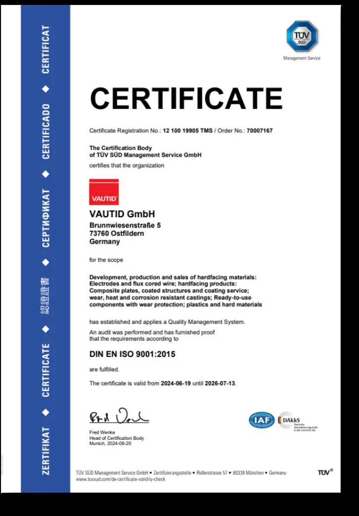 Quality management certificate shown in the company profile